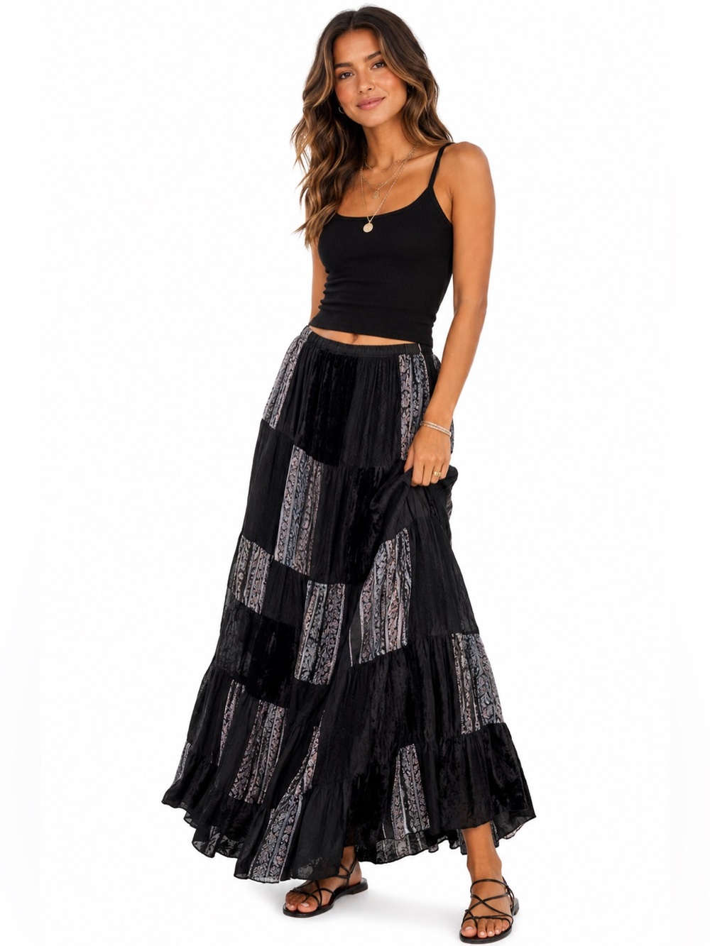 Chico’s Patchwork Maxi Skirt Black Velvet Boho Gothic Romantic Size 1 Medium